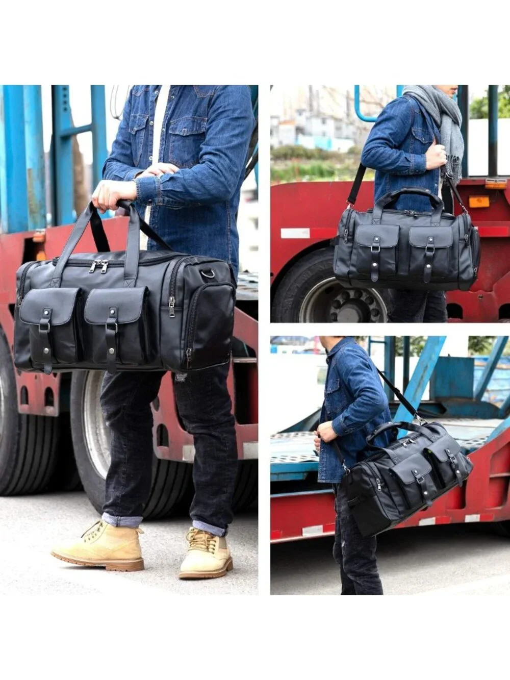 Stylish PU Leather Travel Duffel Bag with Shoe Pouch - Weekender & Overnight Bag